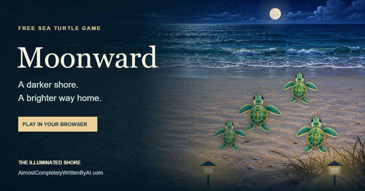 Moonward: sea turtles on a beach, with moonlit ocean above and shore lamps below